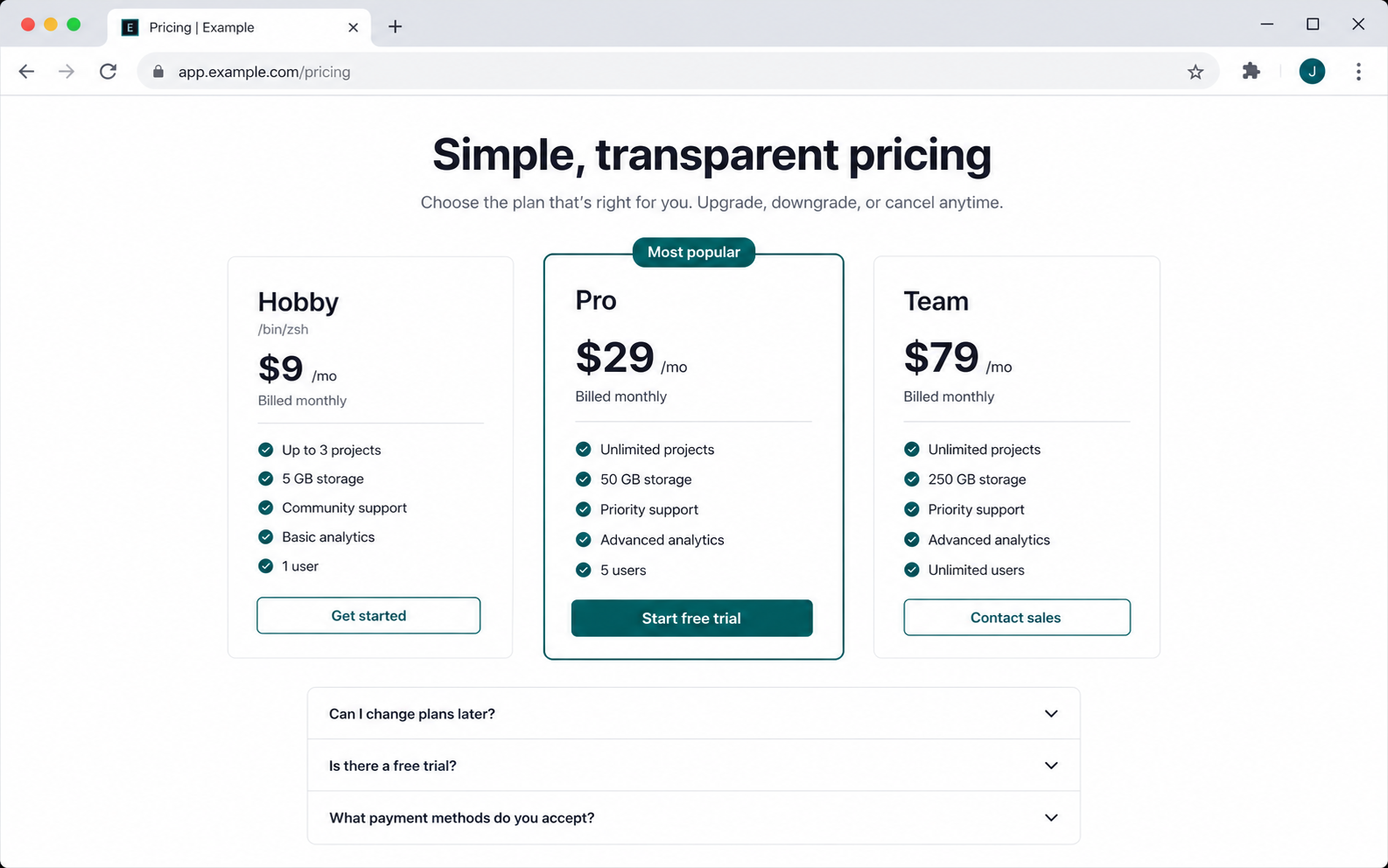 Generated pricing page in browser frame